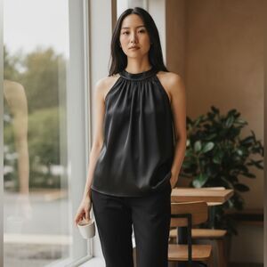 EUC Sofia Italy Women’s Elegant Black Sleeveless Blouse with Back Tie Accent - L